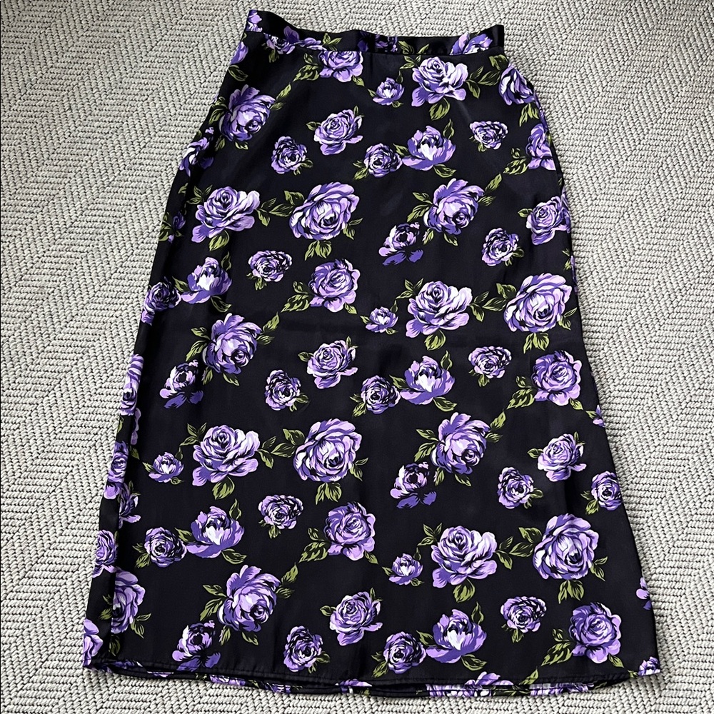 Amy Byer Black Midi Skirt with Purple Rose Print and Green Leaves